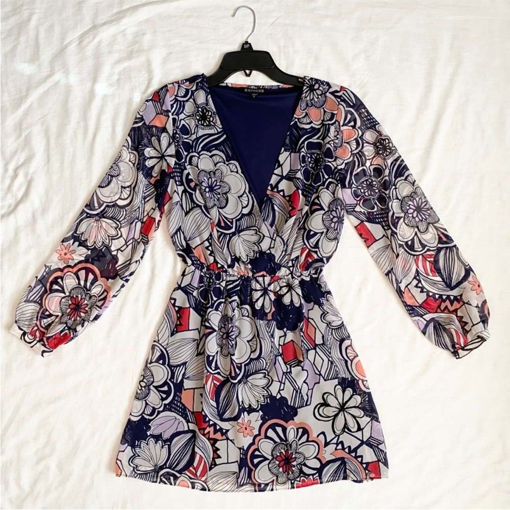 Express Floral Long Sleeve Deep V Neck Dress XS